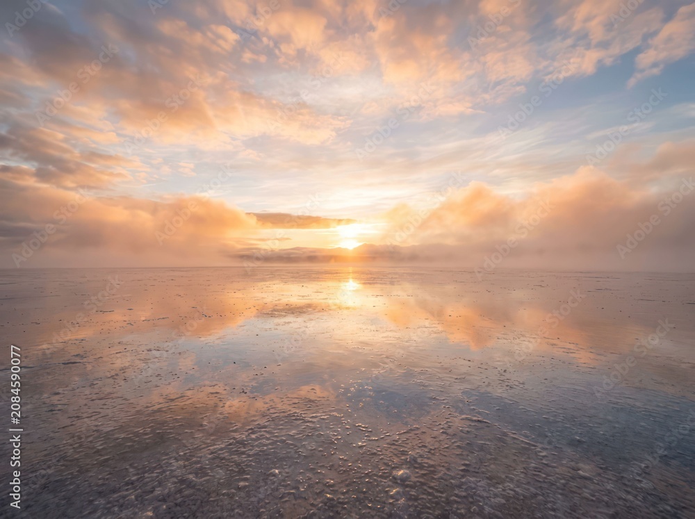 Fototapeta premium Sunrise Reflecting on Crystal Plateau with Warm Clouds and Mist