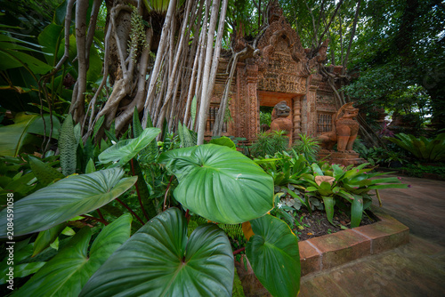 Ancient Temple Gate Surrounded by Lush Tropical Garden
