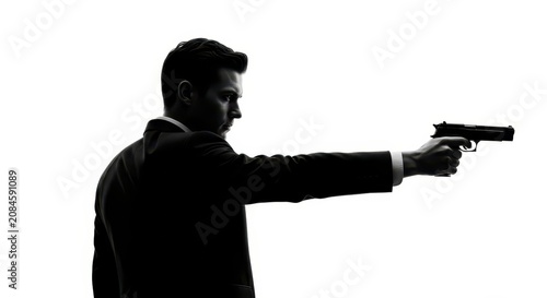 Silhouette of a Secret Agent or Spy in a Suit Aiming a Handgun on White Background - Action and Thriller Concept