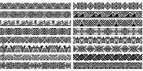 Set of diverse seamless decorative borders with traditional ethnic patterns, black and white vector illustration.