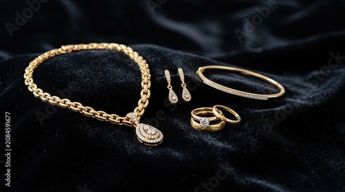 A luxurious set of gold jewelry rests on a dark velvet cloth. A gold chain necklace with a diamond pendant, gold hoop earrings, a gold bangle bracelet, and two gold rings are displayed.