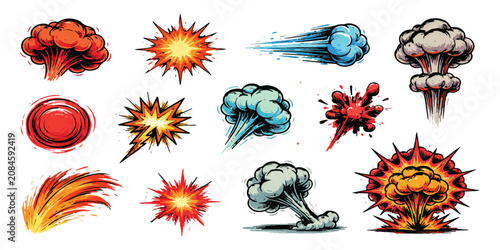 Set of colorful comic book explosion and smoke cloud elements for action design