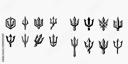 Collection of various trident symbols and logos, representing power, mythology, and maritime themes in different styles.