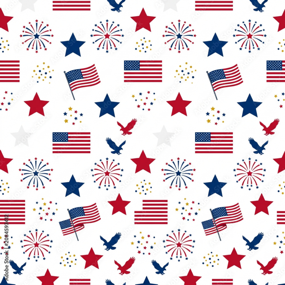 Obraz premium Seamless American patriotic pattern with flags, stars, eagles, and fireworks on white background