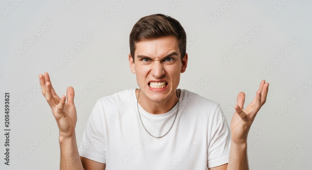 Fototapeta premium Portrait of Furious Young Man Expressing Anger and Frustration with Clenched Teeth and Raised Hands on White Background