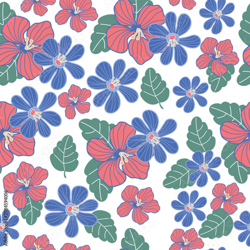 coquette seamless pink and blue flowers pattern. 