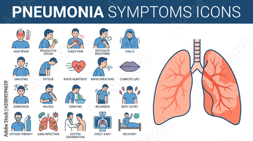 Lungs With Pneumonia Symptoms Icons Illustration.