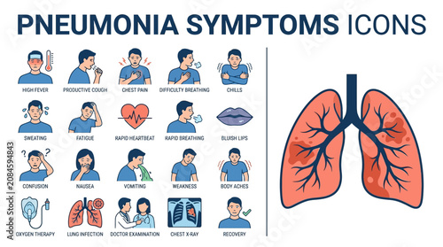 Pneumonia Symptoms Icons Illustration Showing Lungs And Breathing Abnormalities.