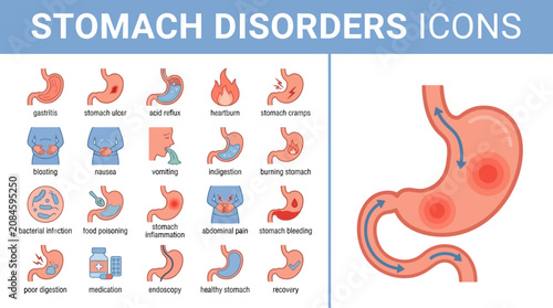 Stomach Disorders Iconography Infographic Showcasing Common Symptoms and Conditions.