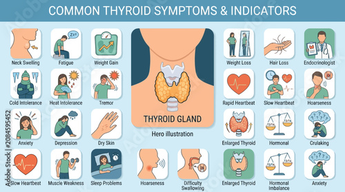 Thyroid Gland Anatomy And Common Symptoms Diagram.