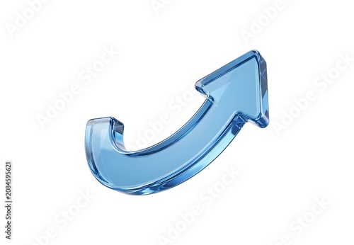 Shiny blue glass arrow pointing up and to the right isolated on white background
