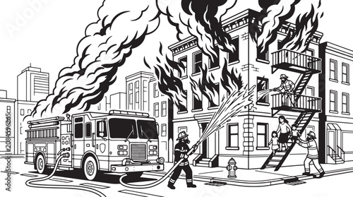 Fényképezés Firefighters battling city building fire with truck and hose
