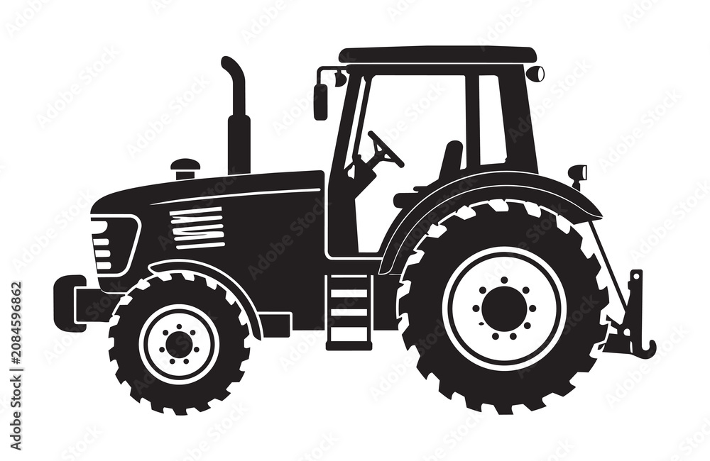 Obraz premium Modern Farm Tractor Silhouette – Black Agricultural Vehicle Vector Illustration.