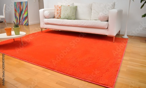 Modern Living Room Interior with Bright Red Area Rug, White Sofa and Contemporary Home Decor