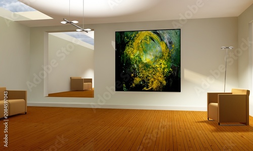 Modern Art Gallery Interior with Abstract Painting, Minimalist Exhibition Space and Contemporary Design
