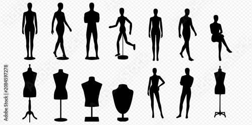 Set of various black mannequin silhouettes for fashion display and clothing retail.