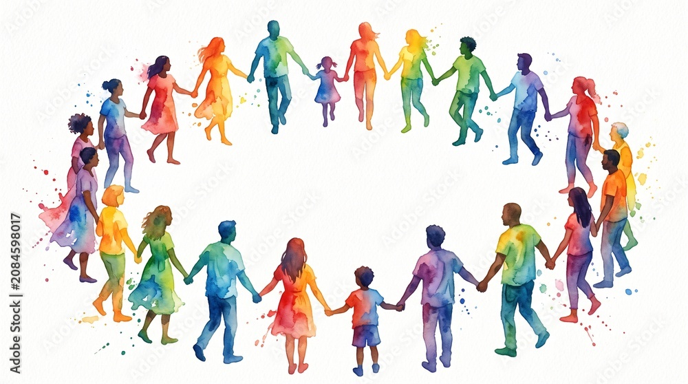 Fototapeta premium Colorful Watercolor Circle of Diverse People for Unity Inclusion Equality and Community Concept