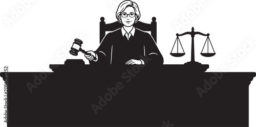 Εκτύπωση καμβά Female judge with gavel and scale of justice at courtroom bench