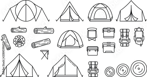 Bild auf Leinwand camping cad block library, top view campsite symbols, tents, campfire, picnic ta