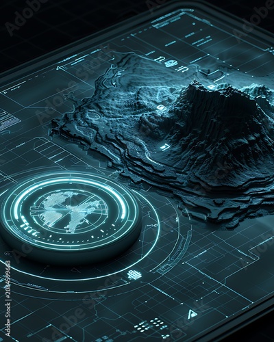Futuristic 3D digital topographic terrain map hologram on podium