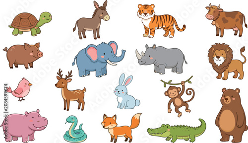 Photography Cartoon animal collection, turtle, donkey, tiger, cow, pig, elephant, lion, bear