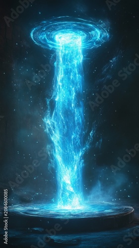 A radiant blue energy beam descends from a swirling vortex to a circular platform, serving as a mystical background for fantasy or sci-fi themes.
