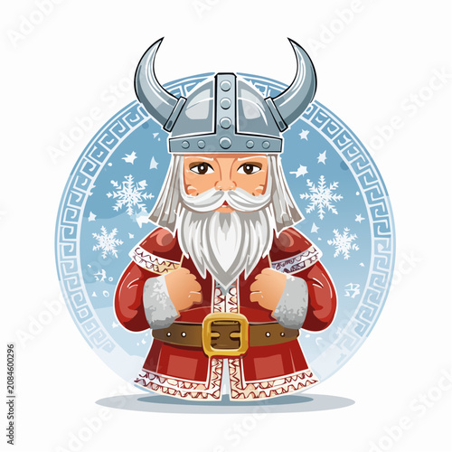 Dwarf viking character in circular decorative frame.
