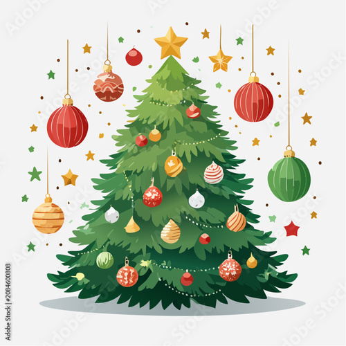 Green Christmas tree with red baubles and hanging stars.