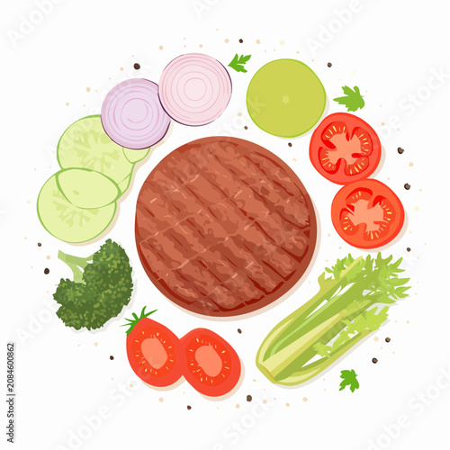 Grilled burger patty with circular fresh salad arrangement.