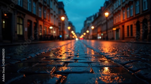 Calle empedrada empapada por la lluvia que refleja las cálidas luces de la ciudad