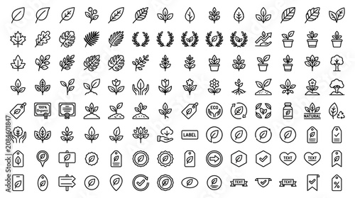 Eco friendly icons, nature symbols, leaves, plants, organic, sustainable, green concepts, hand drawn