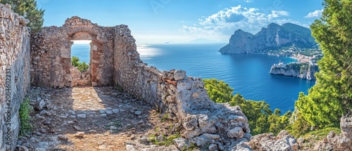 Ancient stone ruins frame a breathtaking coastal view, serving as a scenic background for travel and history themes.