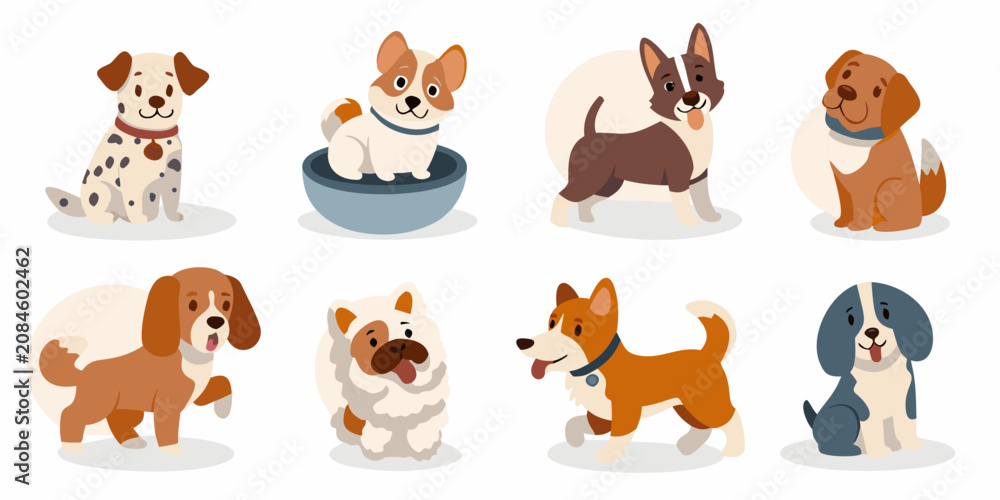 Obraz premium cartoon dogs collection in colorful vector style on white background dog breeds illustration canine puppy dalmatian beagle shiba inu corgi husky