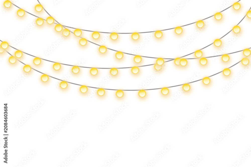 Fototapeta premium Hanging golden christmas string lights isolated on white background