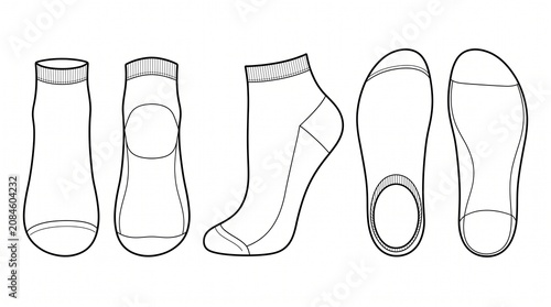 Ankle Socks and No-Show Liner Socks Technical Drawing Flat Sketch Template Set