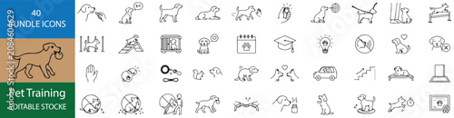 Fotografie 40 Pet Training Vector Outline Icons Set - Editable Black Line Dog Training, Obe