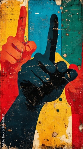 A gritty, colorful mural depicts raised index fingers against a distressed background, symbolizing unity and protest.