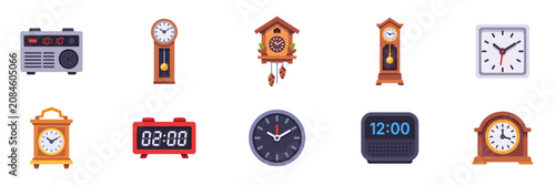 Slika na platnu Set of clock and timekeeping icons with analog wall clocks, digital alarm device