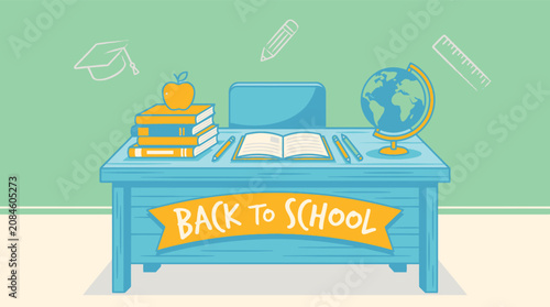 School Desk with Books and Globe Ready for Learning.
