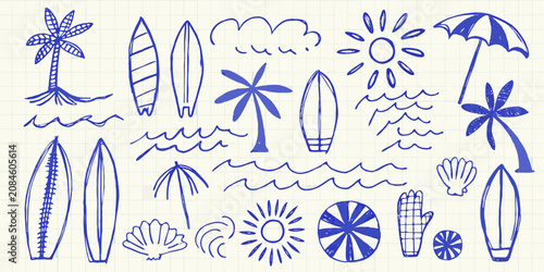 Konstfotografi sketchy beach elements on graph paper background surfboards palms umbrella shell