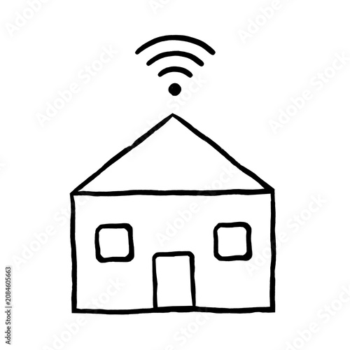 A simple sketch of a smart home with a Wi-Fi icon. A hand-drawn outline in a child's drawing style, on a transparent background.