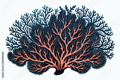 Coral reef illustration with vibrant coral branches and stunning sea fan design in shades of pink and blue on a white background