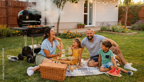 Happy family picnic backyard summer barbeque parents children diversity relaxation outdoor dinner food garden grass blanket basket grill lemonade watermelon domestic lifestyle holiday togetherness