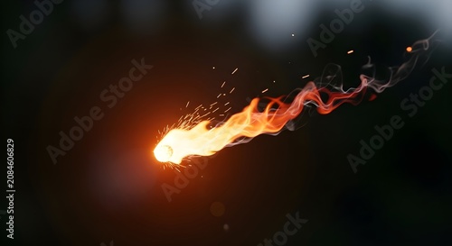 Sparkler firework trail bursts into vibrant orange and gold embers against a dark night sky creating dynamic motion.