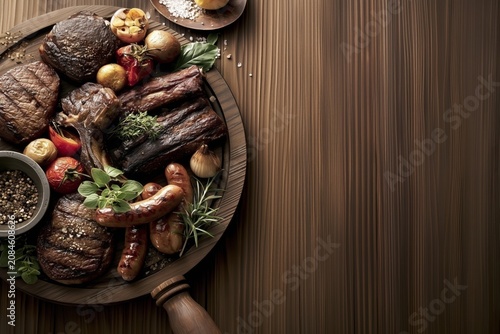Grilled meat platter on wooden table with rustic copy space