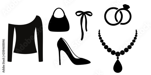 Elegant women's fashion and luxury accessories black silhouette set. Vector graphic icons of a high heel shoe, dress blouse, handbag, ribbon bow, wedding rings, and pearl necklace isolated on white.