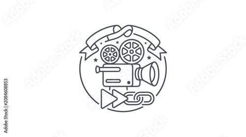Retro Film Camera Icon with Play Button and Link Chain