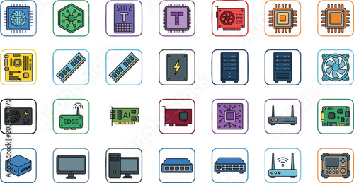 Cuadro en lienzo Computer hardware vector icons set with clean cartoon technology elements CPU p