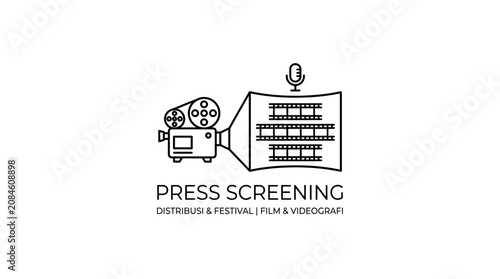 Press Screening Logo: Vintage Camera Projecting Film Reel with Microphone Icon