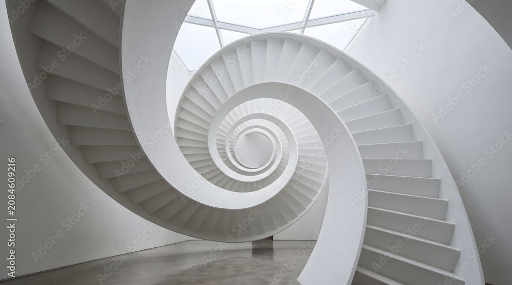 Fototapeta premium Minimalist Interior Shot of Modern White Spiral Staircase with Geometric Curves 